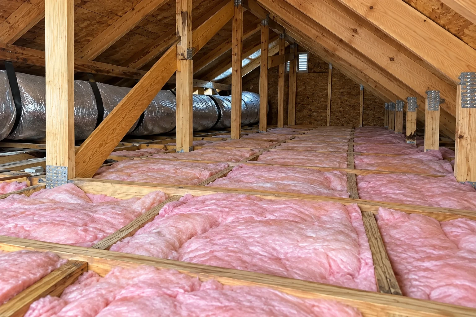 Pink batt insulation fills attic floor joists beneath exposed wooden roof trusses and a large insulated duct.