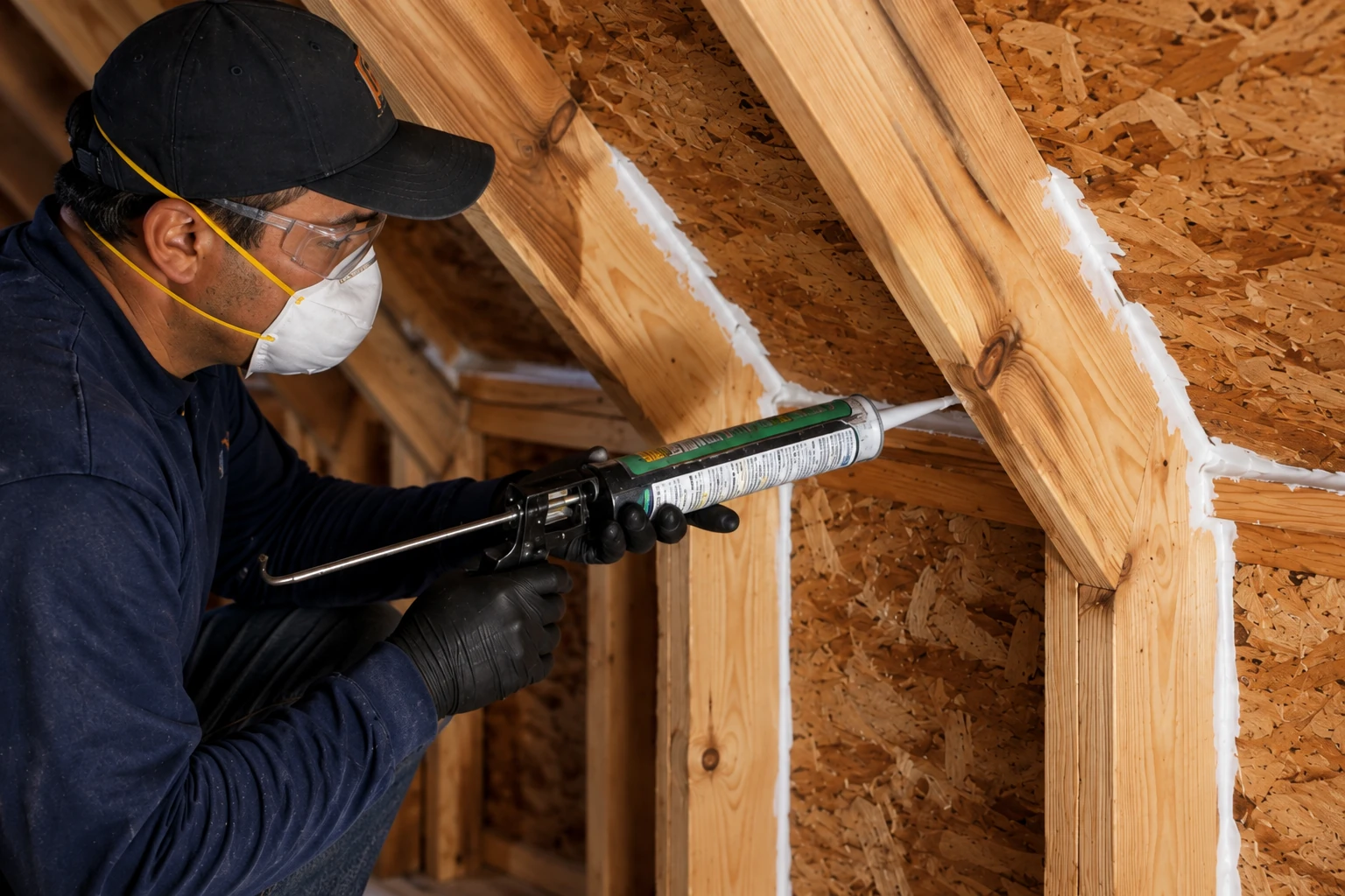 A worker wearing a mask and safety glasses applies sealant along wooden attic framing with a caulking gun.