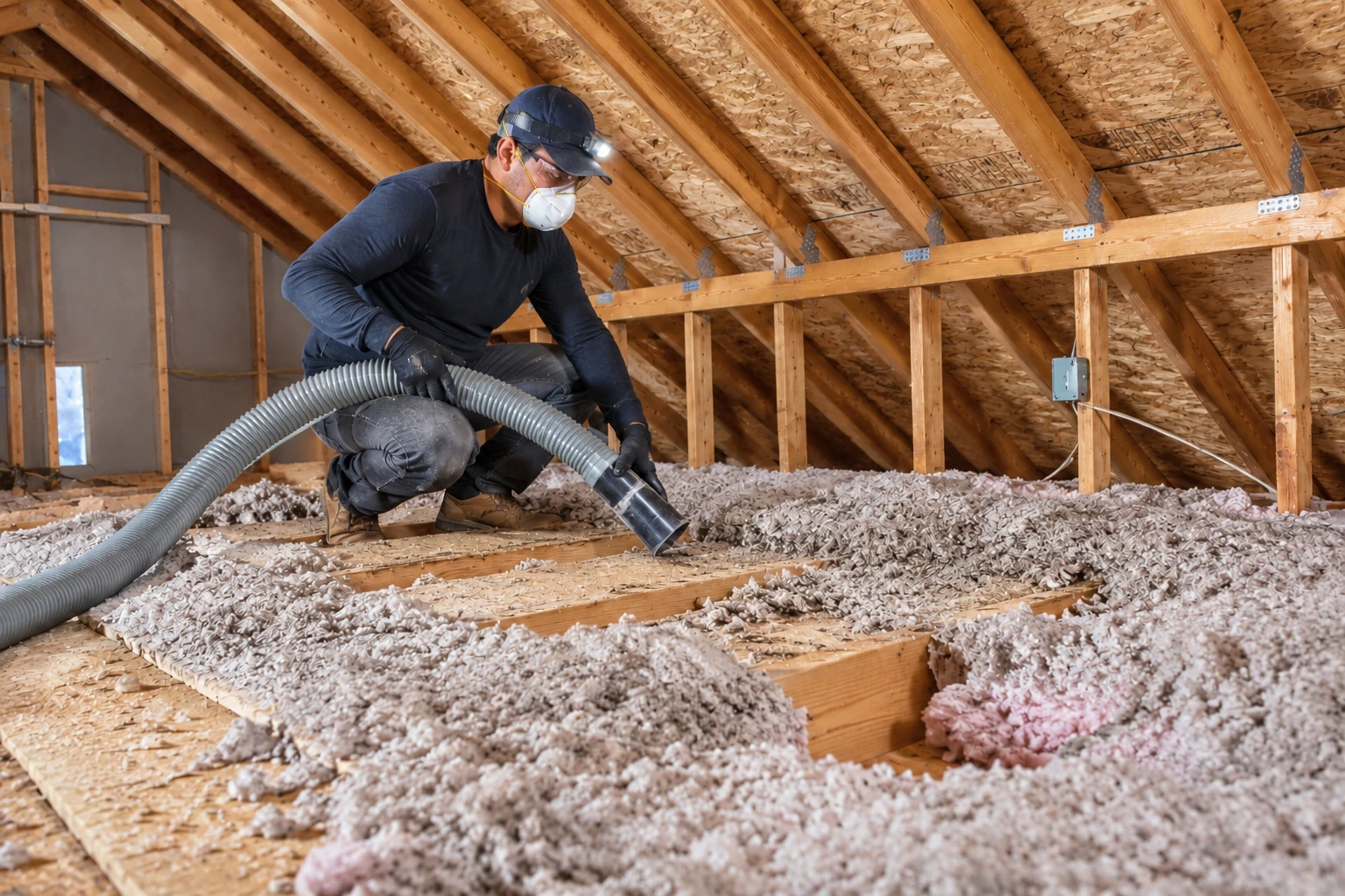 A masked worker kneels in a wooden attic and spreads loose-fill insulation with a large hose.