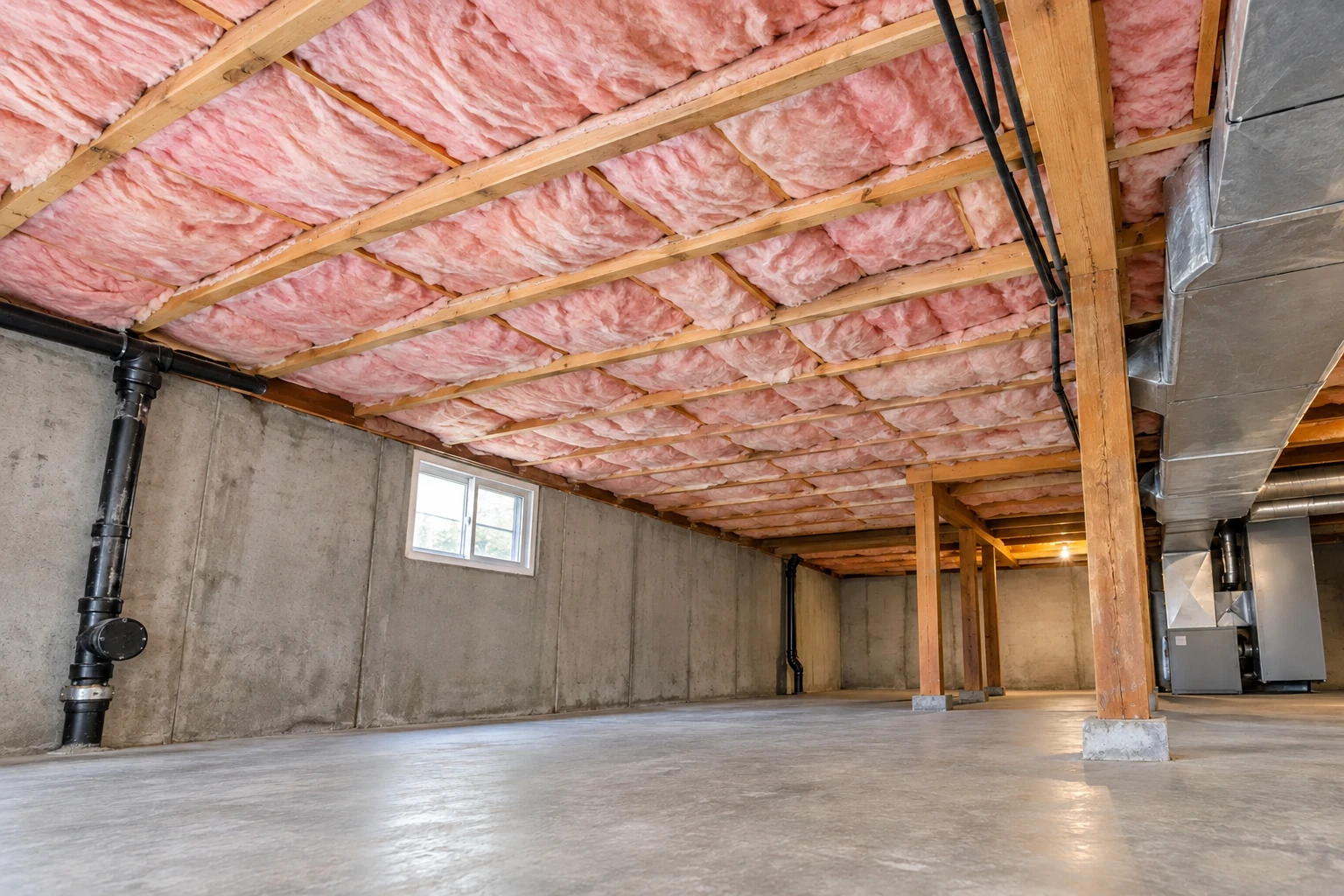Basement with pink fiberglass batts fitted between ceiling joists above a concrete floor, with exposed ducts and support posts.