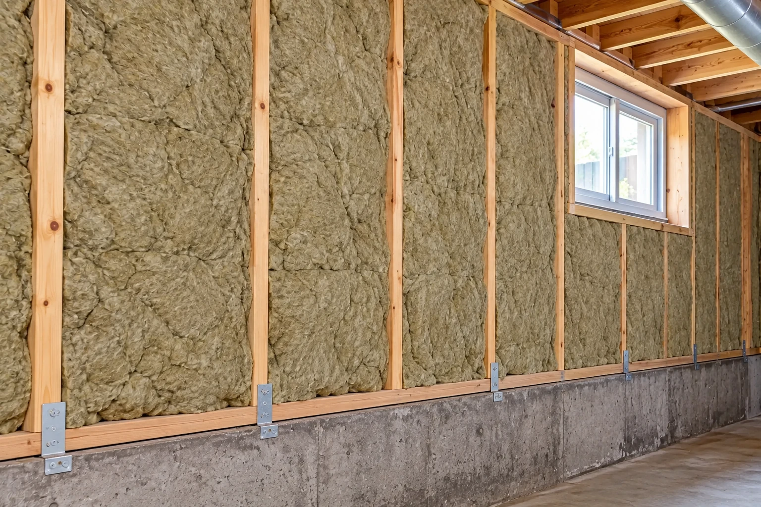 Gray batt insulation fills basement wall framing above a concrete foundation, with a small window nearby.