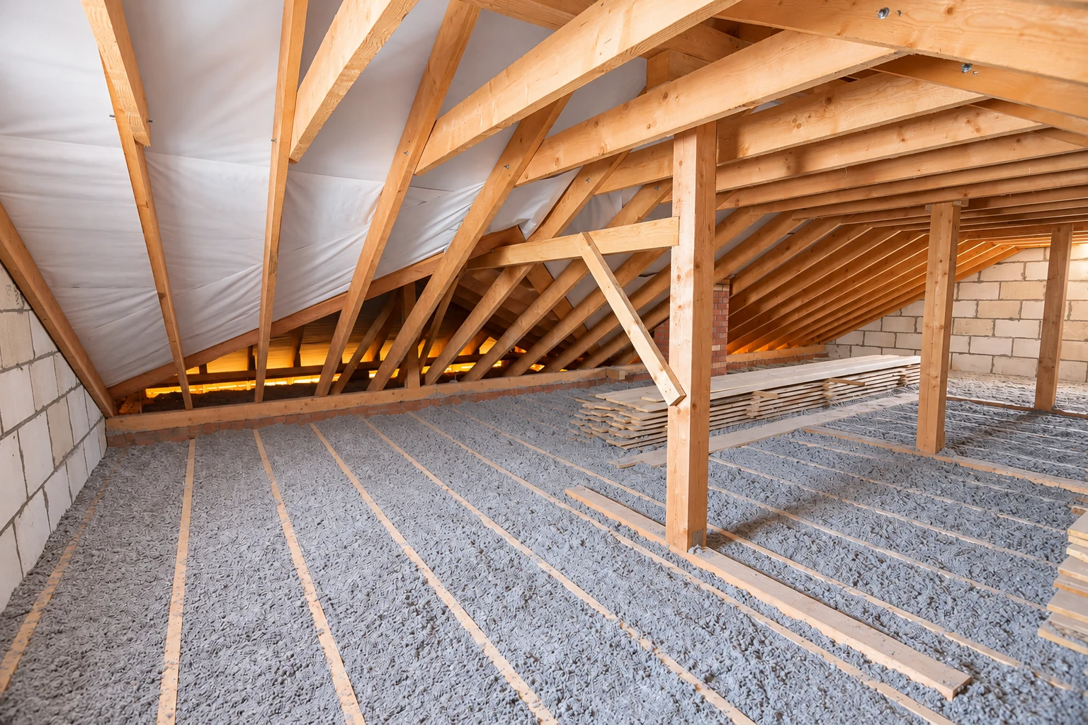 Gray blown-in insulation fills the floor between attic joists beneath exposed wooden rafters.