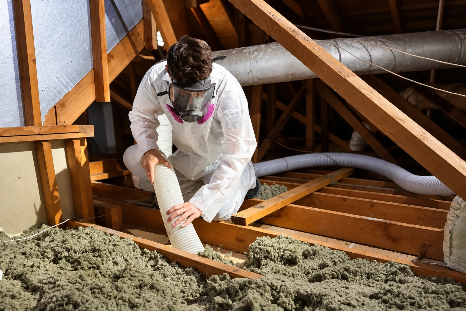 A worker in protective coveralls guides a hose over loose-fill insulation between attic joists.