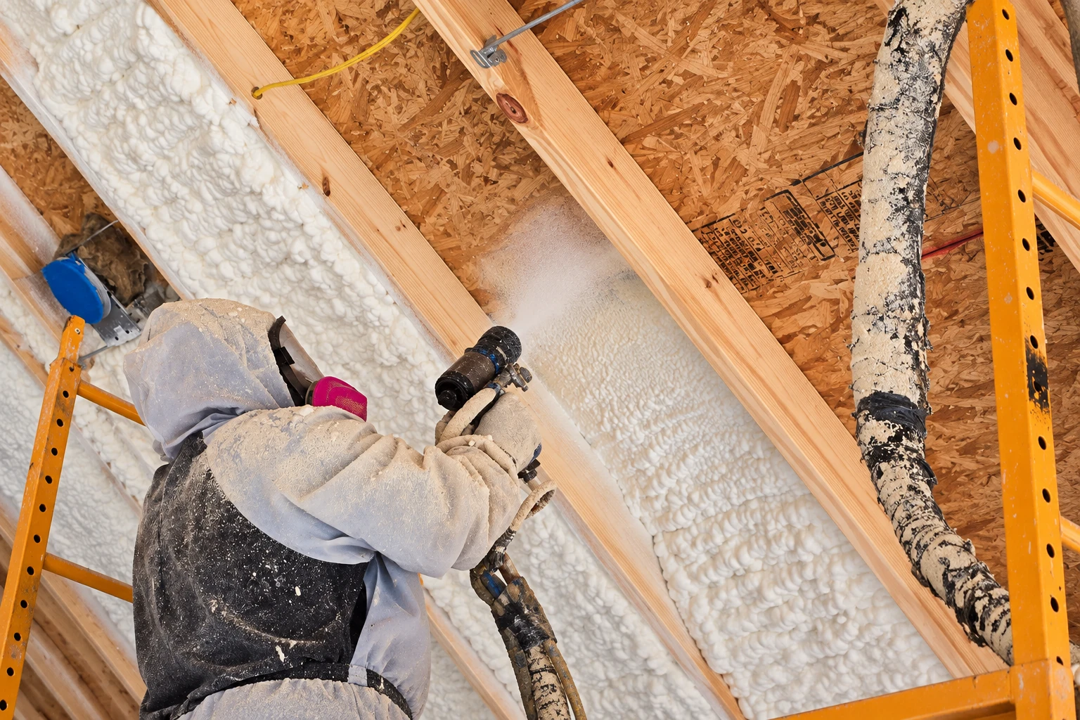 Worker in protective gear sprays closed-cell foam into exposed roof framing, with white foam covering adjacent cavities.