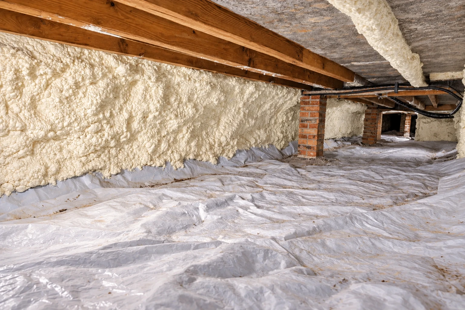 Closed-cell foam coats crawl space walls beneath exposed beams, with plastic sheeting covering the floor.