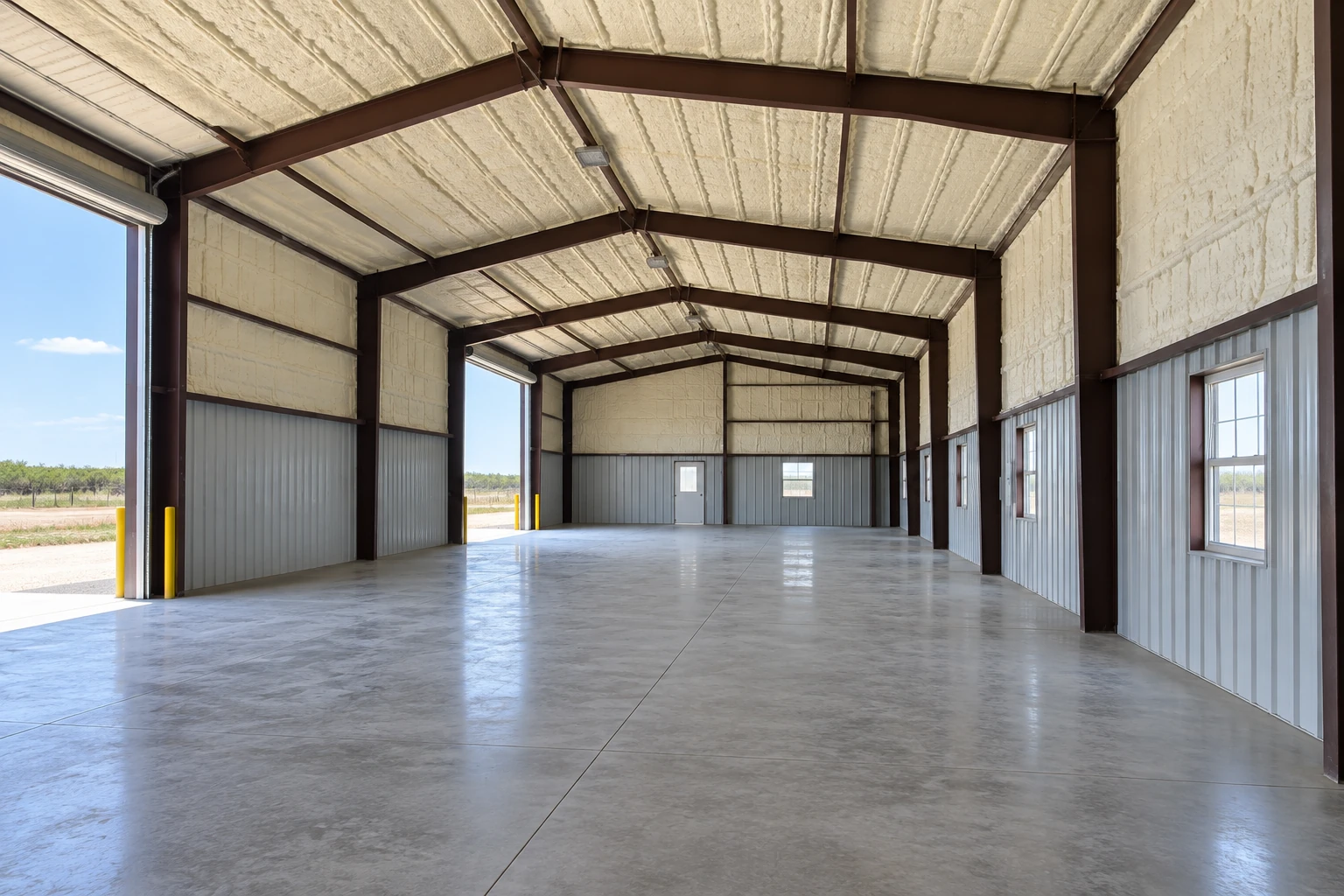 Commercial metal building interior with cream spray foam covering the roof and upper walls between dark steel beams.