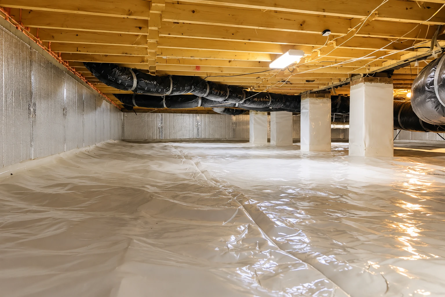 Crawl space with a white plastic vapor barrier covering the floor, insulated walls, and black ducts beneath exposed wood joists.
