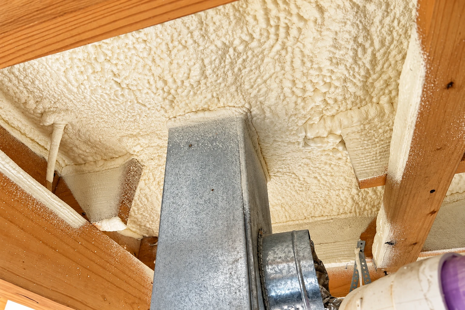 Thick white spray foam covers the underside of a crawl space floor around exposed joists and a metal duct.