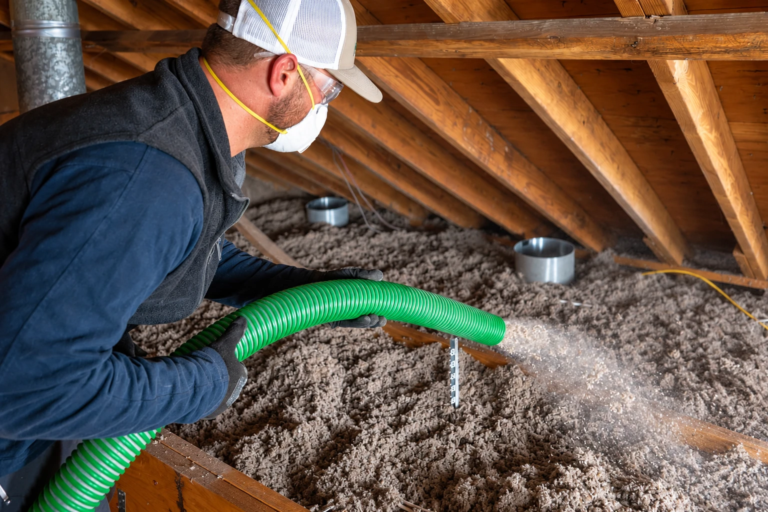 A masked worker directs a green hose to spread blown-in insulation across an attic floor.