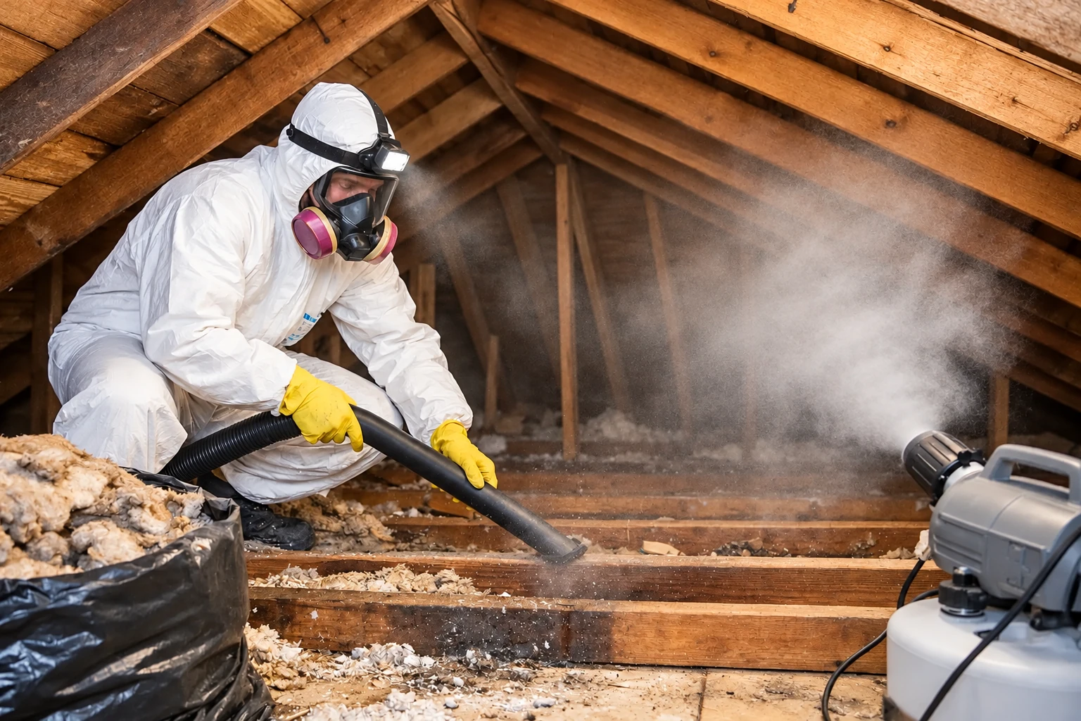 A worker in protective gear vacuums loose attic insulation through a hose as dust rises nearby.