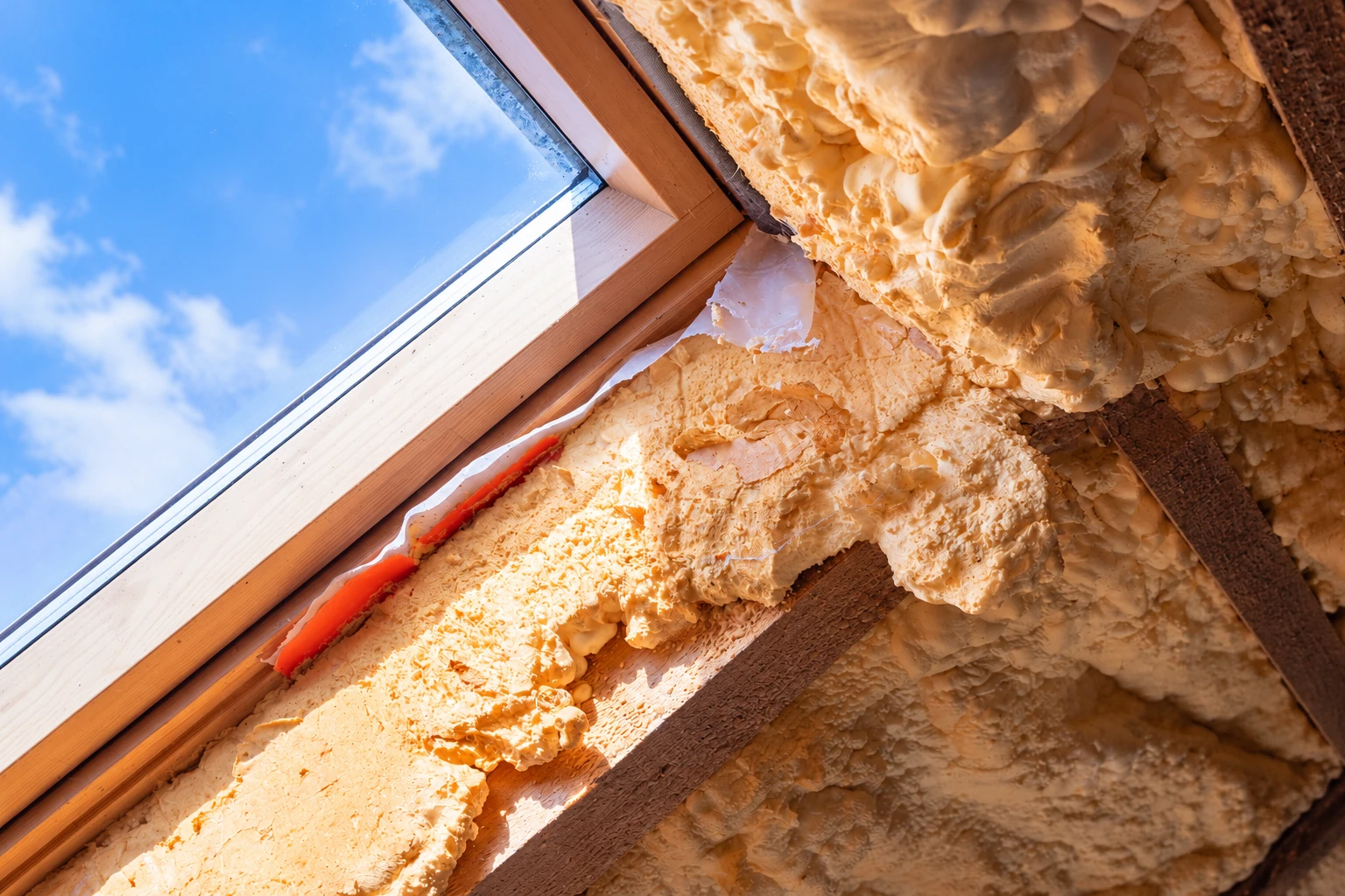 Open-cell spray foam fills the roof framing around a wooden skylight, with blue sky visible through the glass.