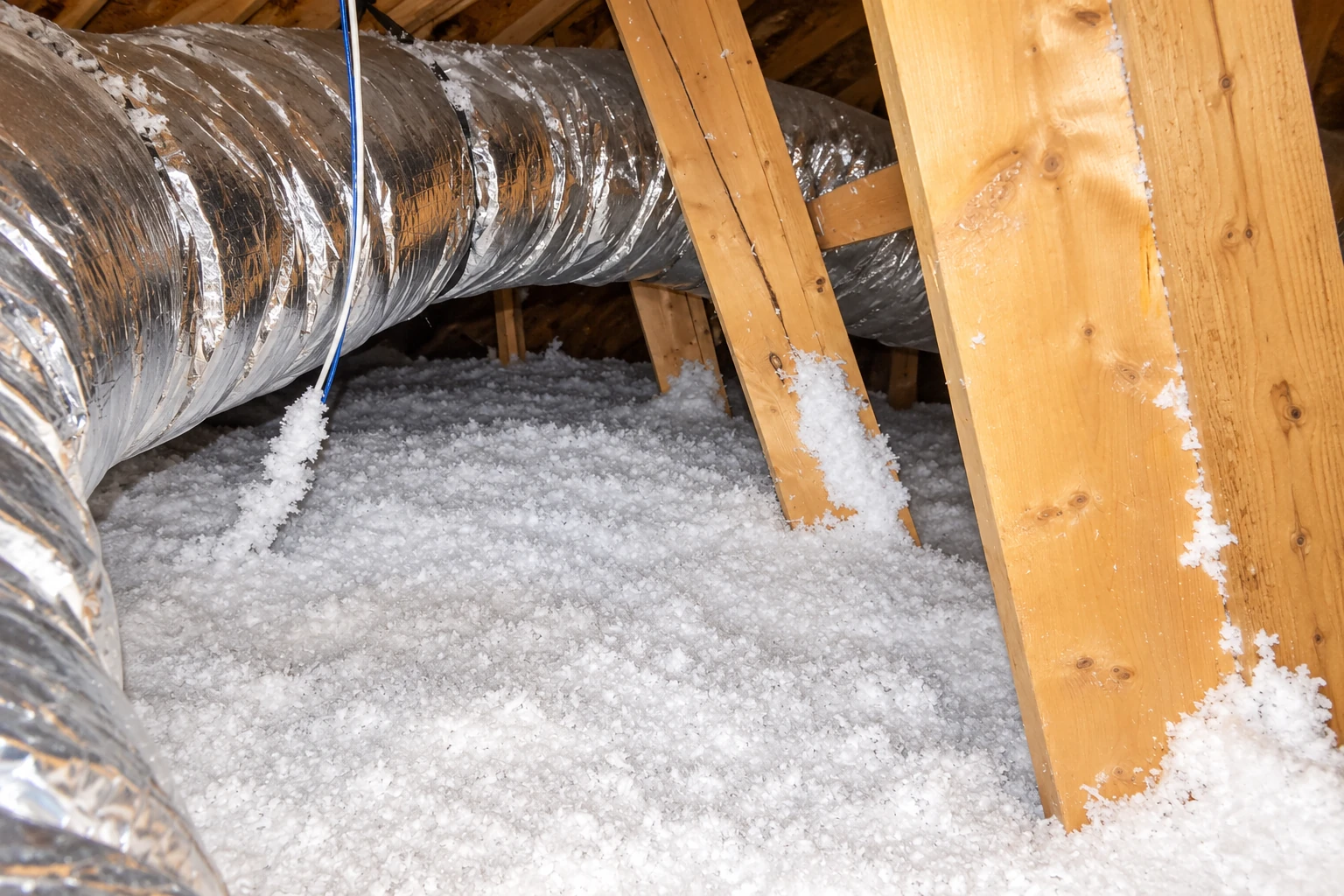 White blown-in insulation covers an attic floor beneath a large foil-wrapped duct and exposed wooden rafters.