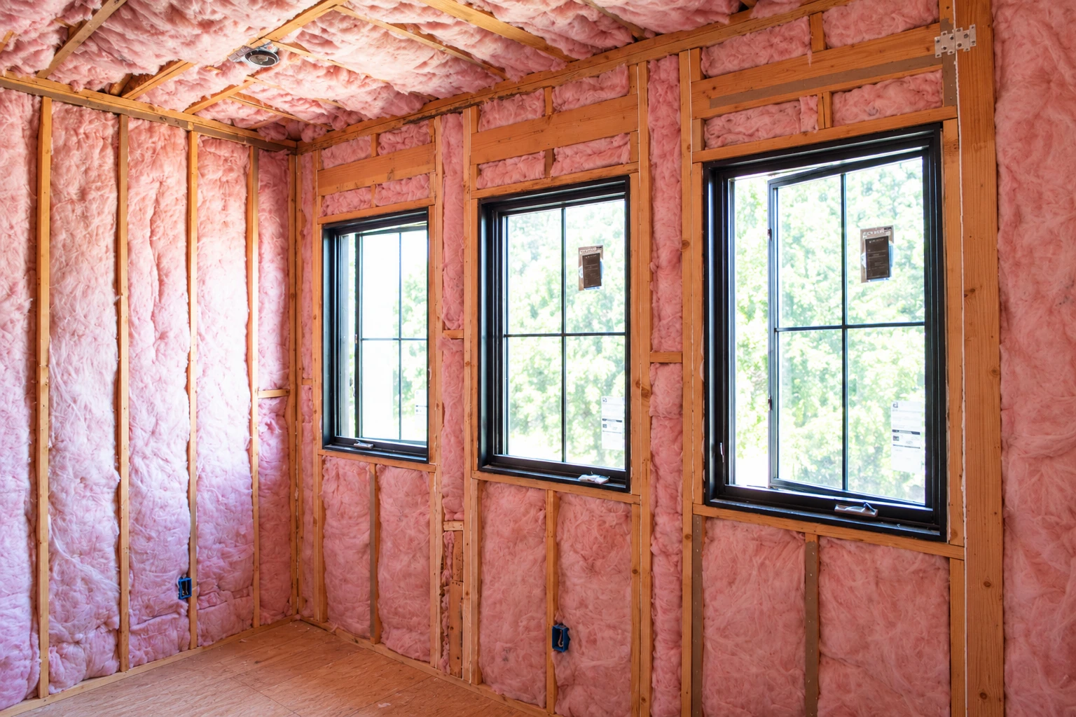 Pink fiberglass batts fill the wall and ceiling framing around three windows in an unfinished room.