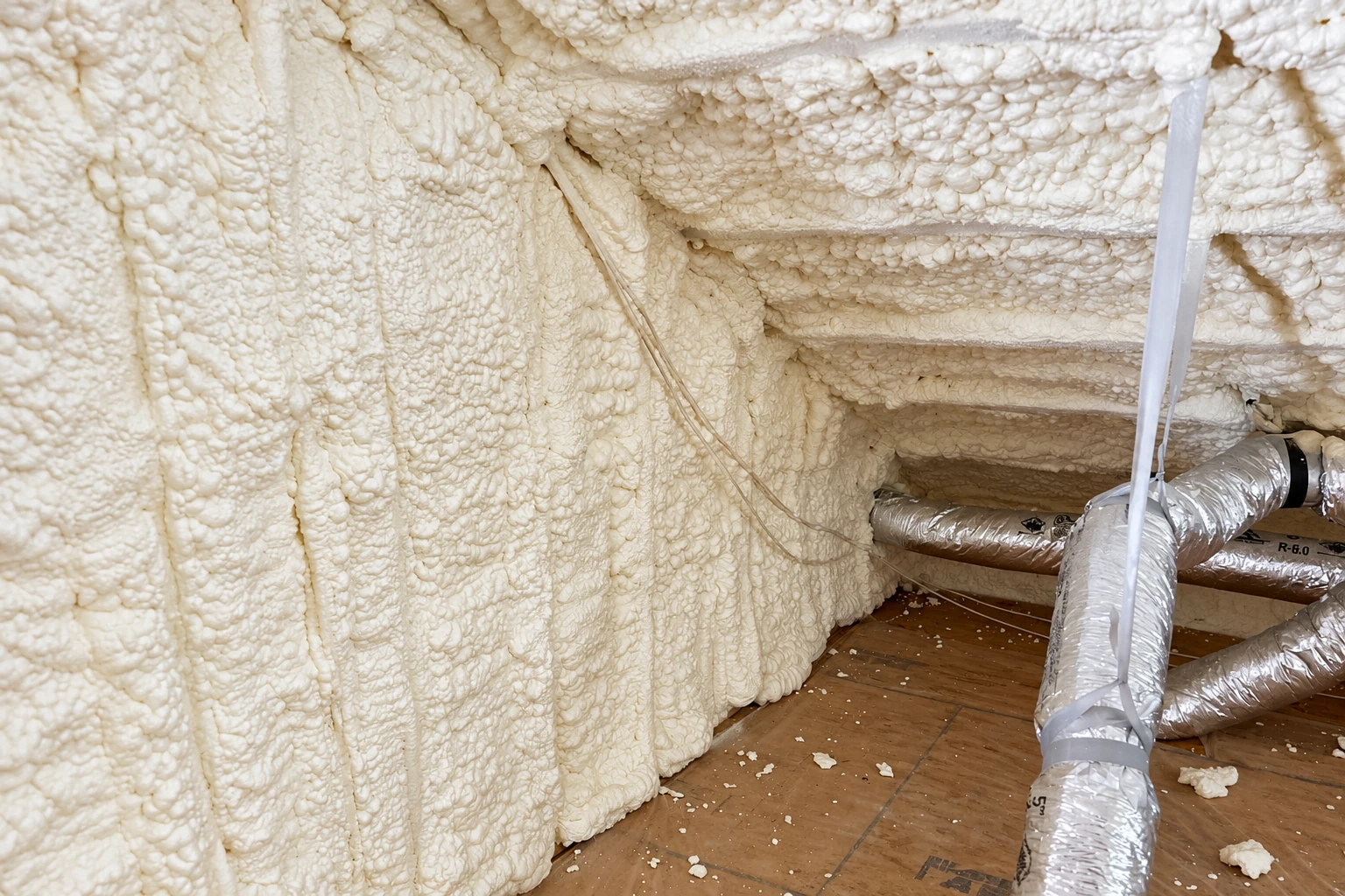 Cream-colored spray foam covers the walls and rafters of an attic, with flexible ducts and foam scraps on the floor.