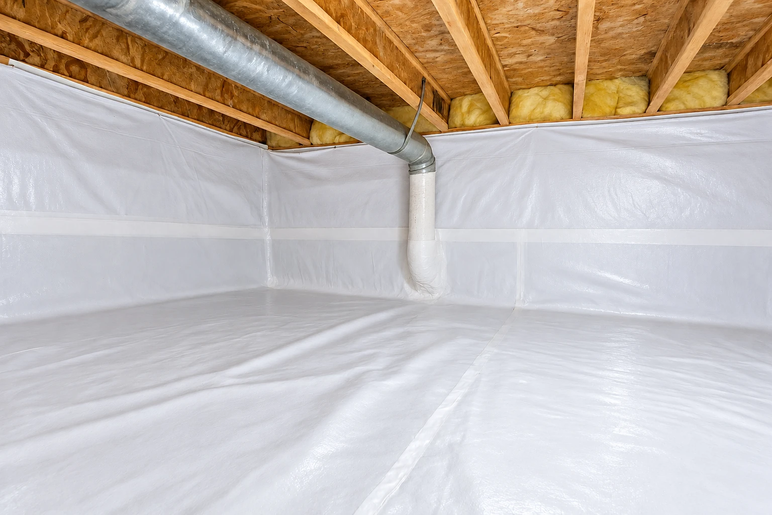 White vapor barrier sheeting covers the floor and lower walls of a crawl space beneath exposed joists and ductwork.