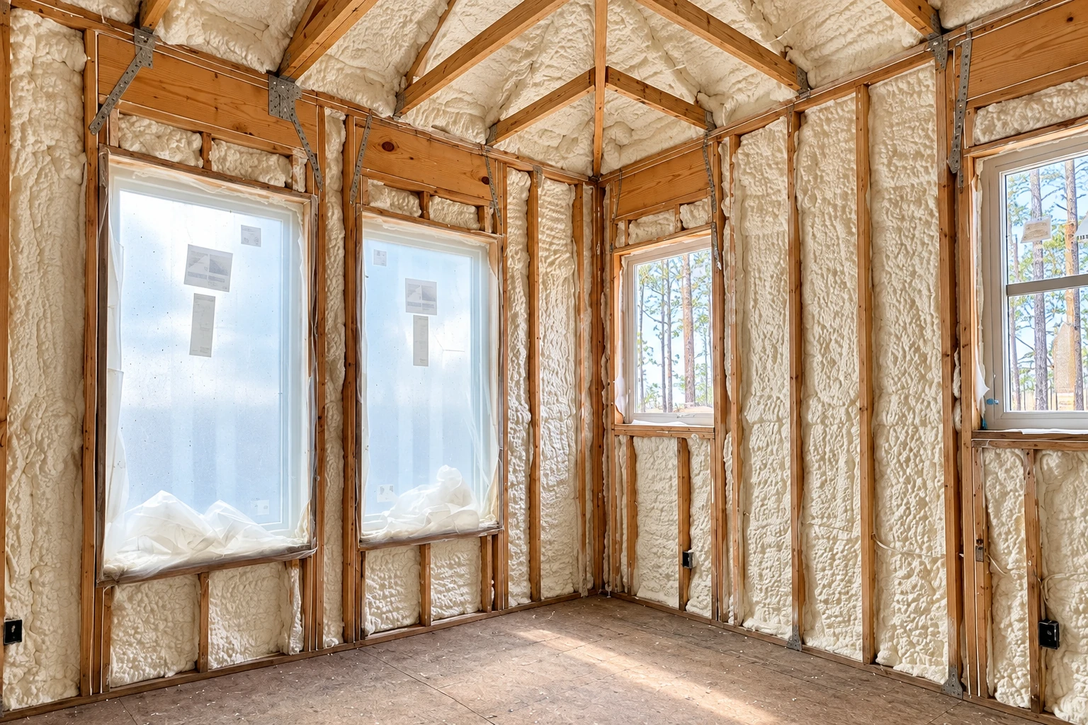 Unfinished room with white spray foam filling the wall and ceiling cavities around exposed wood framing and windows.