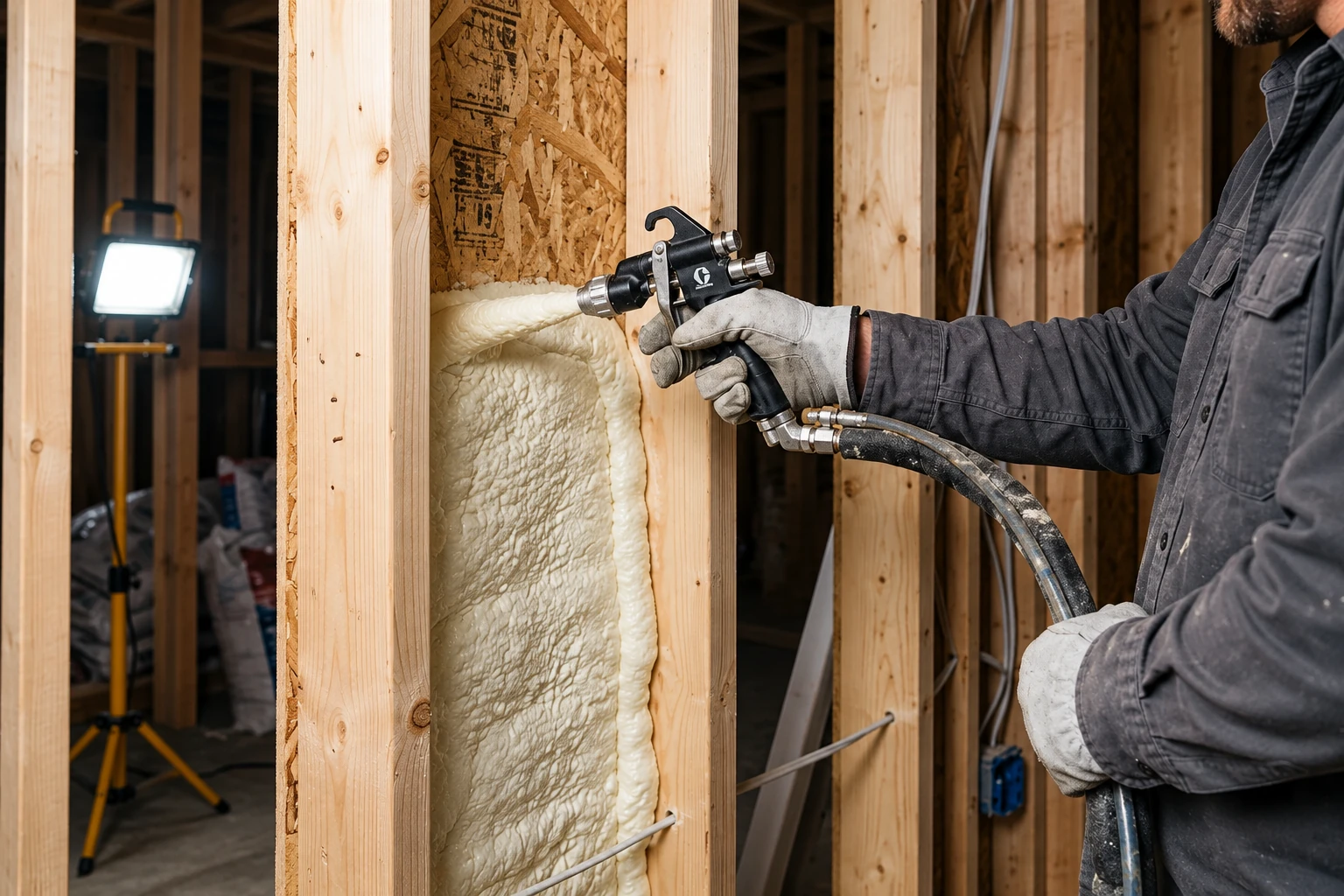 A worker sprays expanding foam insulation into a wall cavity between exposed wooden studs.